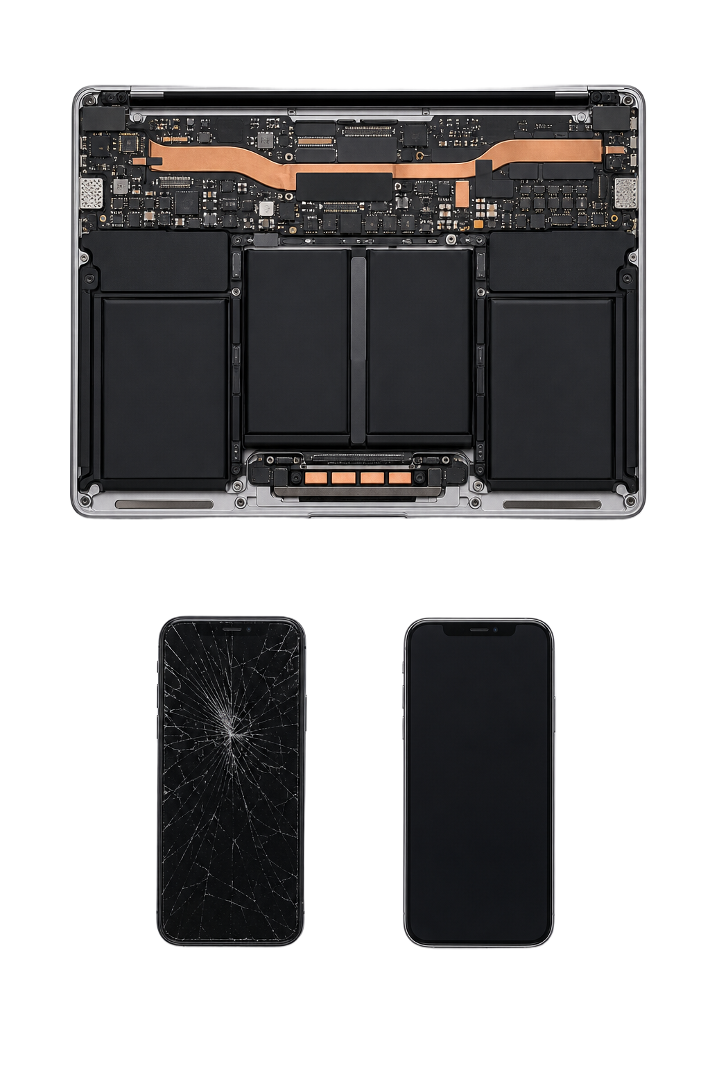 Smartphone mit Displaybruch, repariertes Smartphone und Laptop mit Akkutausch von der Rückseite